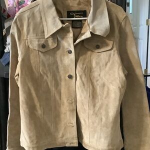 Tan leather suede Jean Jacket, full‎ button front, Large